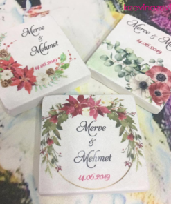 Yeşil Kırmızı Oval Çiçek temalı nikah hatırası doğal taş magnet