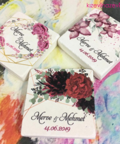 Geometrik Kırmızı Çiçek temalı nikah hatırası doğal taş magnet