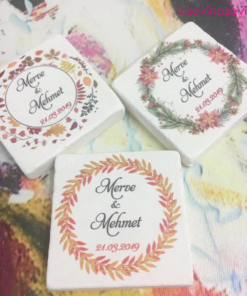 Sarı Kırmızı Yuvarlak Çiçek temalı nikah hatırası doğal taş magnet