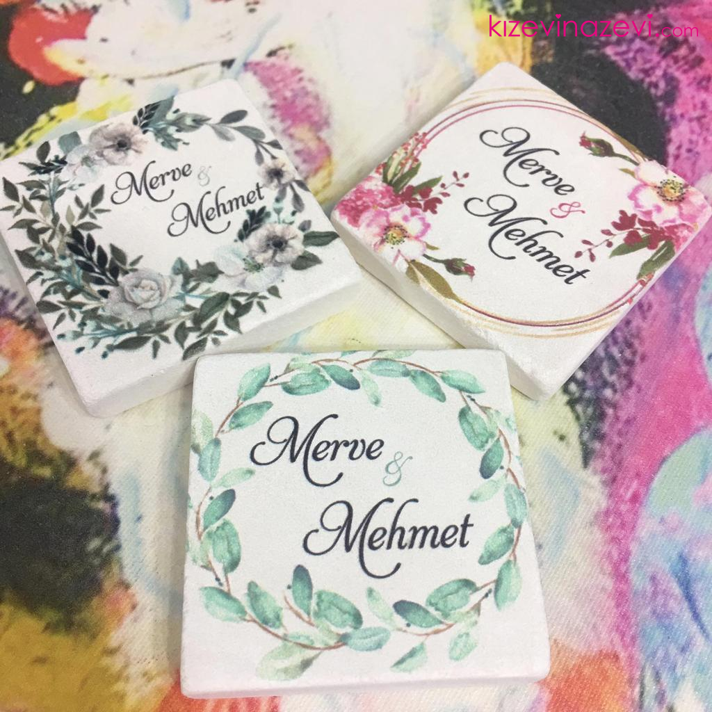 Yeşil Yapraklı Ağaç temalı nikah hatırası doğal taş magnet