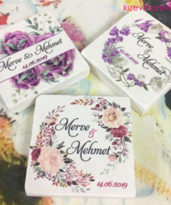 Oval Güllü Çiçek temalı nikah hatırası doğal taş magnet