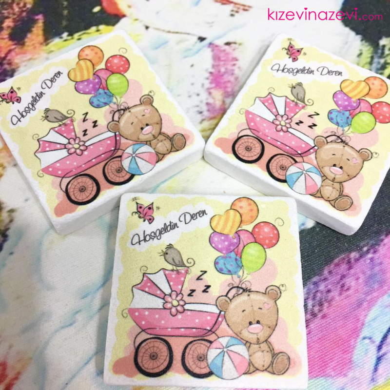 Ayı Temalı Kız Bebek Doğum Günü Taş Magnet