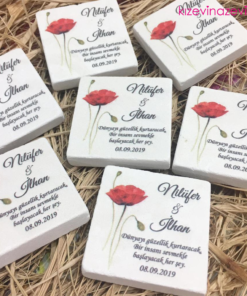 Kırmızı orkideli hediyelik doğal taş magnet