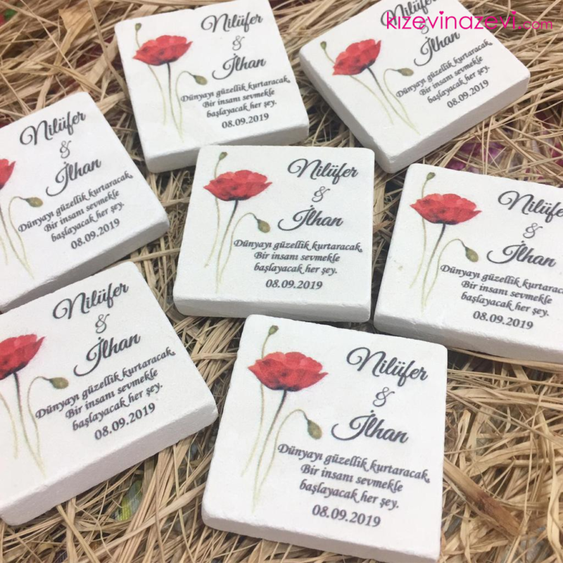 Kırmızı orkideli hediyelik doğal taş magnet