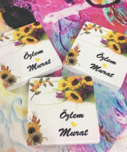 Beyaz zeminli sarı ayçiçek temalı nikah hatırası doğal taş magnet