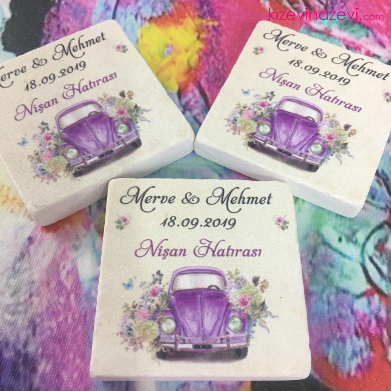 Mor vosvos temalı nikah hatırası doğal taş magnet