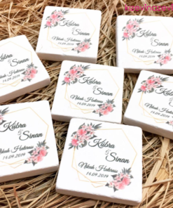 Pembe çiçekli nikah hatırası hediyelik kişiye özel doğal taş magnet