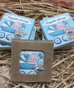 Bebek Puset ve Ayı Temalı Bebek Çocuk Doğum Günü Hatırası Taş Magnet