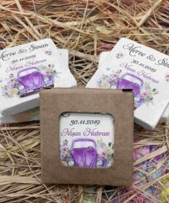 Çiçekli Mor Vosvos Temalı Nikah Düğün Nişan Kına Hatırası Taş Magnet