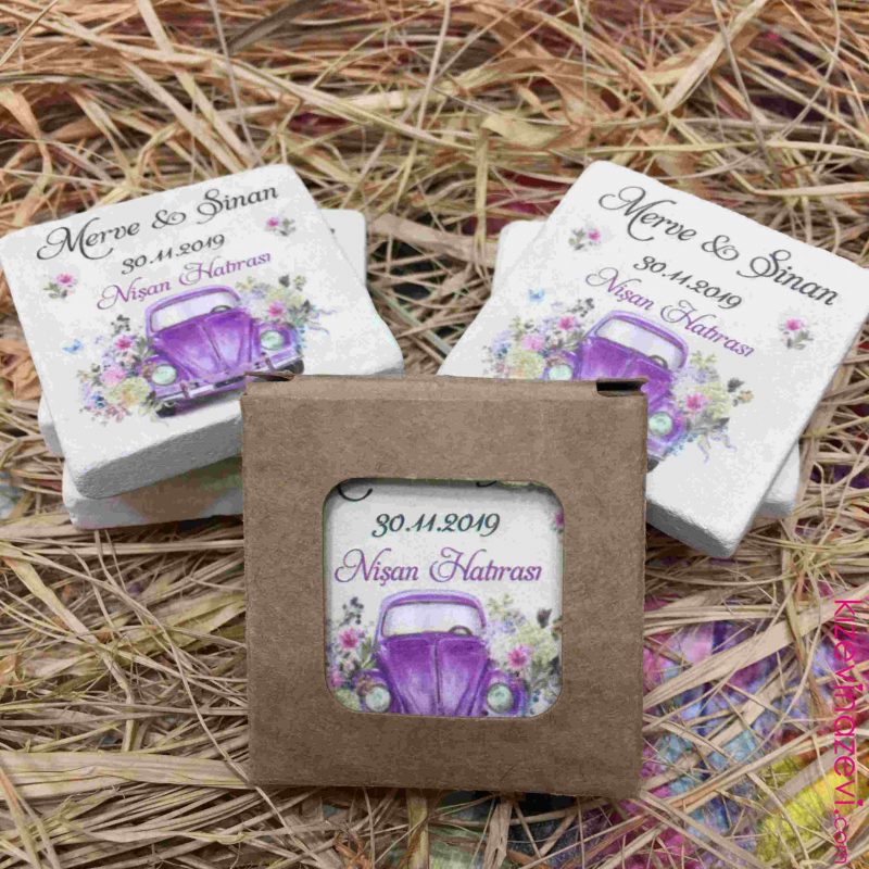 Çiçekli Mor Vosvos Temalı Nikah Düğün Nişan Kına Hatırası Taş Magnet
