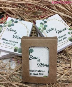 Geometrik Yeşil Çiçekli Dikdörtgen Nikah Düğün Nişan Kına Hatırası Taş Magnet