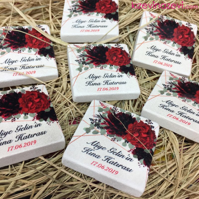 Kına ve Çiçek Temalı Nikah Düğün Nişan Kına Hatırası Taş Magnet