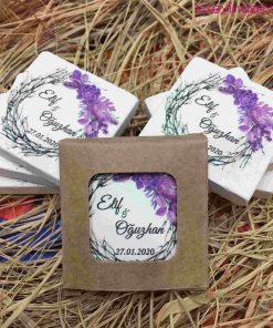 Yuvarlak Koyu Ağaç Dalı ve Mor Çiçek Detaylı Nikah Düğün Nişan Kına Hatırası Taş Magnet