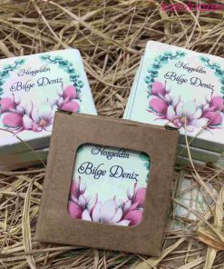 Yuvarlak Yeşil ve Pembe Çiçek Temalı Nikah Düğün Nişan Kına Hatırası Taş Magnet